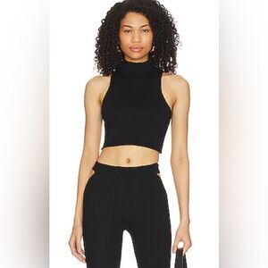 Camila Coelho Black Ribbed High-Neck Crop Top & Coyote black pant s